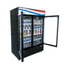 Refrigerator Merchandiser, two-section, 54-3/8"W x 31-1/2"D x 81-1/5"H, bottom-mounted self-contained refrigeration, 43.8 cu. ft., (2) self-closing hinged glass doors with locks, Dixell electronic controller, 33° to 38°F temperature range, (8) shelves, LED interior lighting, lighted header panel, stainless steel interior, black steel exterior, 2" casters, R290 Hydrocarbon refrigerant, 1/5 HP, 115v/60/1-ph, 3.2 amps, cord, NEMA 5-15P, cETLus, ETL-Sanitation, ENERGY STAR®