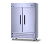 Refrigerator, reach-in, two-section, 54"W, 49.0 cu. ft. capacity, electronic thermostat with digital LED display, +33°F to +41°F temperature range, (2) solid hinged self-closing doors with locks (field reversible), remain open door feature, removable magnetic door gasket, (6) adjustable wire shelves, stainless steel front & sides, white aluminum interior liner with stainless steel floor, (4) 6" casters (2 locking), bottom mounted self-contained refrigeration, R290 Hydrocarbon refrigerant, 1/4 HP, 115v/60/1-ph, 4.5 amps, cord, NEMA 5-15P, cETLus, ETL-Sanitation, ENERGY STAR®