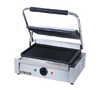 Panini Grill, single, countertop, electric, 13-1/4" x 9-1/4" grill surface, cast iron grooved plates, adjustable thermostat control switch 120°F to 570°F, includes oil tray & cleaning brush, stainless steel, 120v/60/1-ph, 1750 watts, 14.5 amps, NEMA 5-15P, NSF, CE