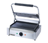 Panini Grill, single, countertop, electric, 13-1/4" x 9-1/4" grill surface, cast iron smooth plates, adjustable thermostat control switch 120°F to 570°F, includes oil tray & cleaning brush, stainless steel, 120v/60/1-ph, 1750 watts, 14.5 amps, NEMA 5-15P, NSF, CE