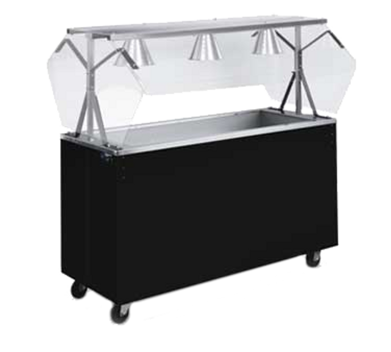2-Series Affordable Portable™ Cold Food Station, non-refrigerated, (3) pan, 46"W x 39-1/2"D x 35"H, 6"deep stainless well with 1" drain, 35"H work surface, includes buffet style acrylic breath guard with 12" clearance, walnut woodgrain finish solid base, (4) locking casters, NSF, Made in USA, made to order, cannot be cancelled or returned