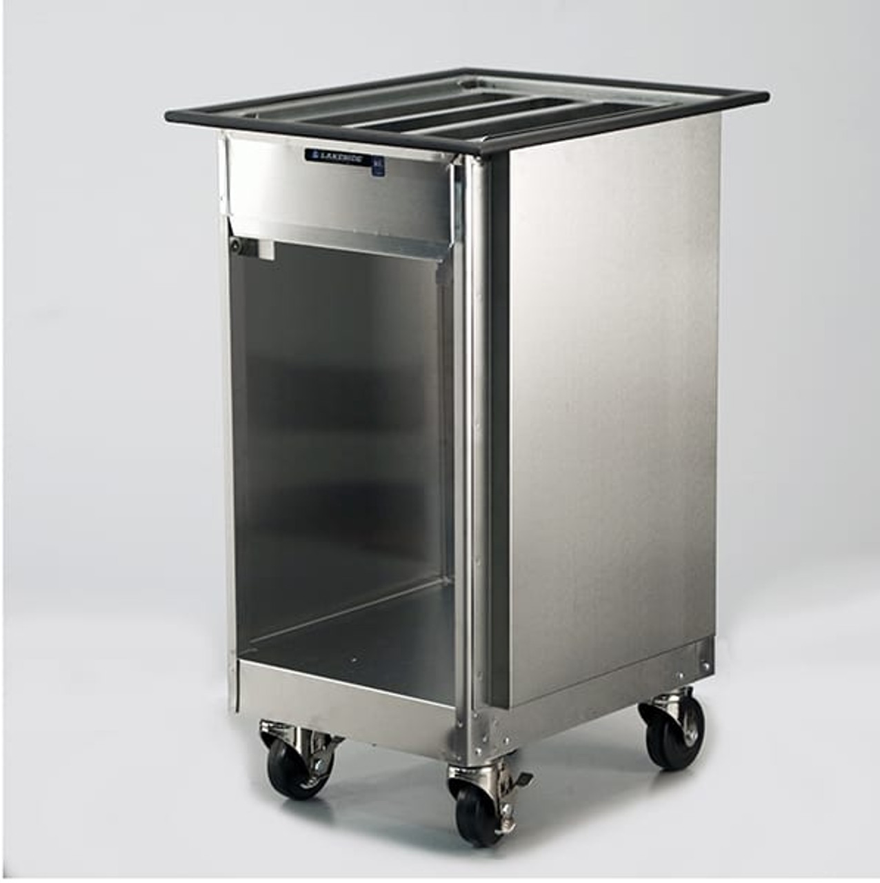 Tray Dispenser, cabinet style, open base, mobile, single self-leveling tray platform, for 14" x 18" or 15" x 20" trays, stainless steel construction, 4" swivel casters (2) with brakes, NSF, Made in USA