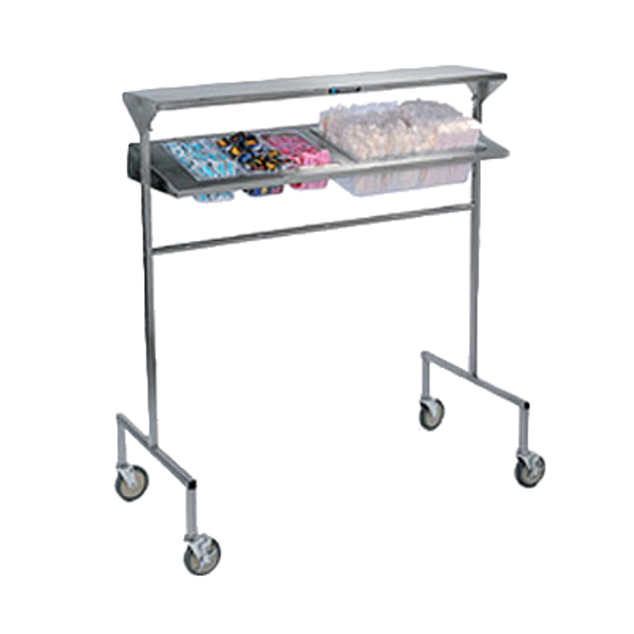 Tray Starter Station, mobile, designed to position over conveyor, solid top shelf, angled stainless steel panel with cutouts that hold full, 1/2 & 1/3 size food pans (not included), stainless steel construction, 5" swivel casters (2) with brakes, NSF, Made in USA