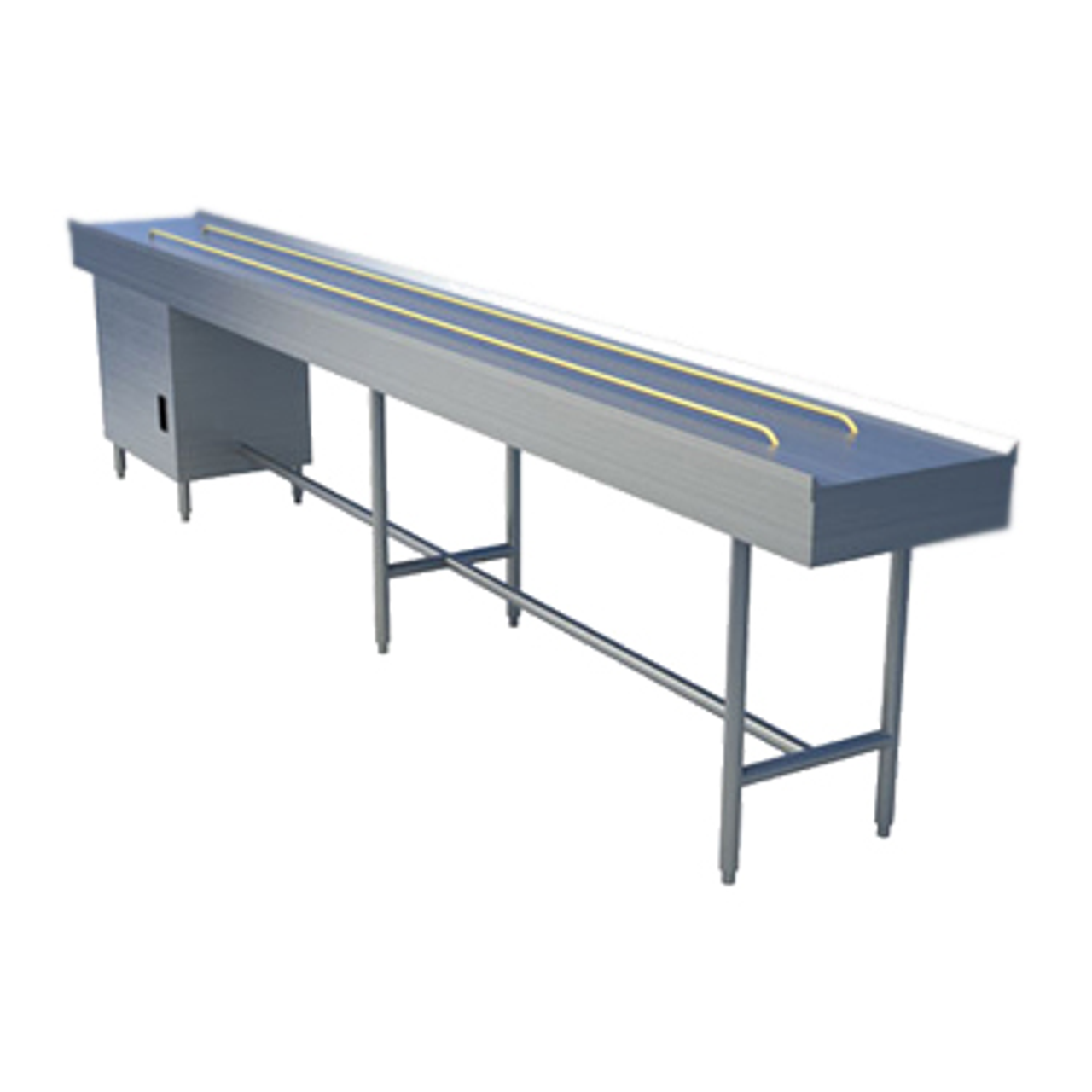 Tray Make-Up Conveyor, band belt, 10' section, motorized dual 1/2" diameter FDA approved urethane belts, variable speed from 0-40 feet per minute, enclosed drive with NEMA 4 watertight controls, 1-5/8" diameter steel tubing "H" frame on 6' - 7' centers with interconnecting cross rails, stainless steel construction