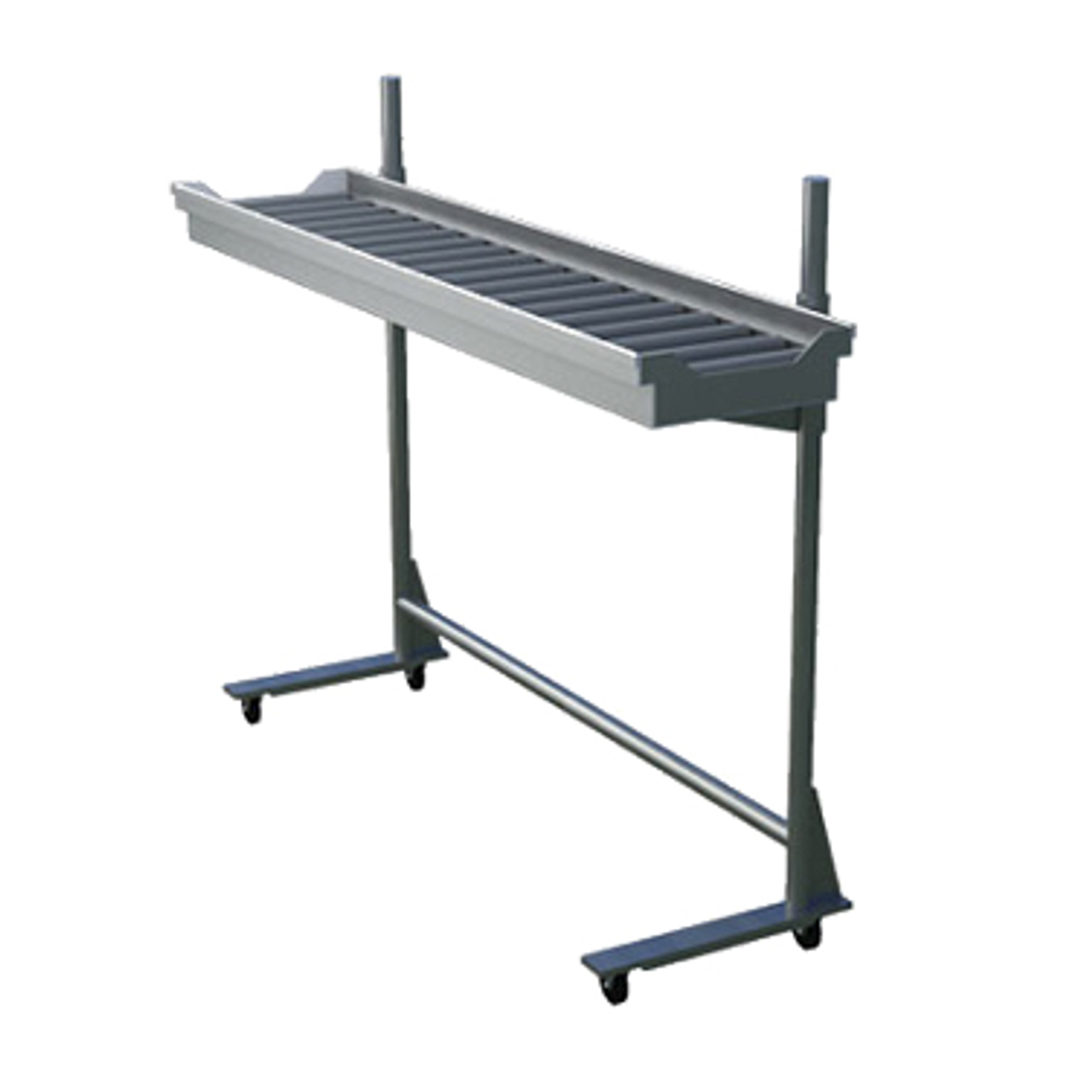 Tray Make-Up Conveyor, cantilever, PVC roller assemblies, 7' section, mobile, adjustable height, stainless steel uprights & frame, (6) 3" casters, (3) with brakes