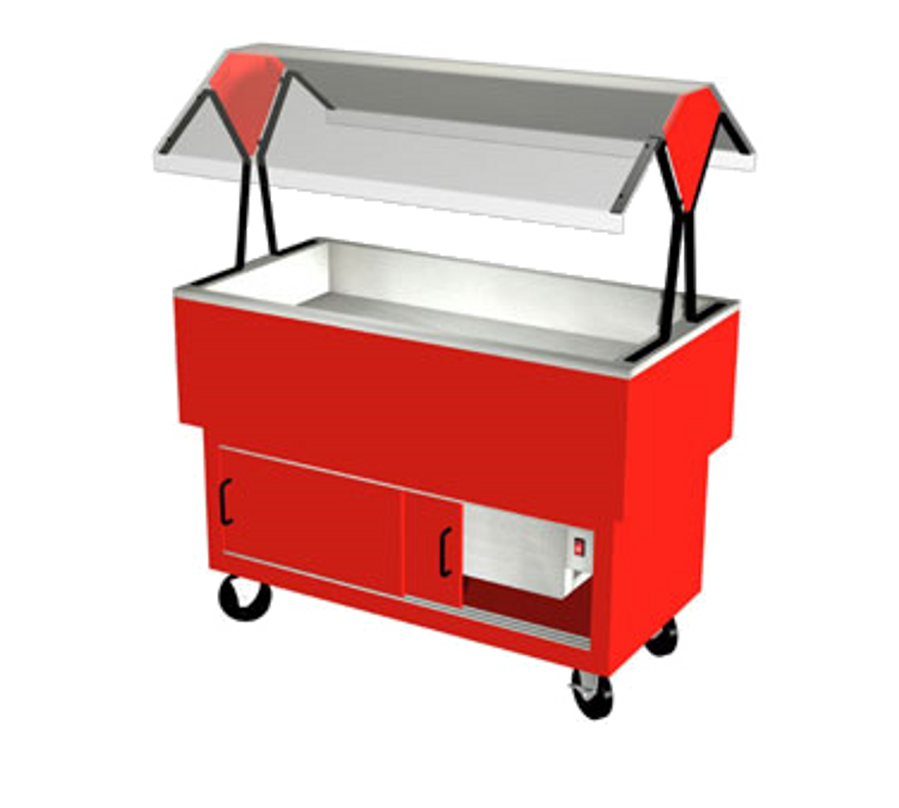 EconoMate™ Cold Food Portable Buffet, 44-3/8"W x 22-1/2"D base, (3) section 5" deep mechanically assisted ice pan, stainless steel top & pan liner, enclosed steel base with powder coat finish, rear sliding doors, clear acrylic canopy, 5" casters, R448a, cULus, UL EPH Classified. SHOWN WITH OPTIONAL ACCESSORIES