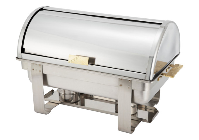 Dallas Chafer, 8 qt., full size, rectangular, roll top, stainless steel with gold accents, includes food pan, water pan, and fuel holders, mirror finish (Qty Break = 1 each)