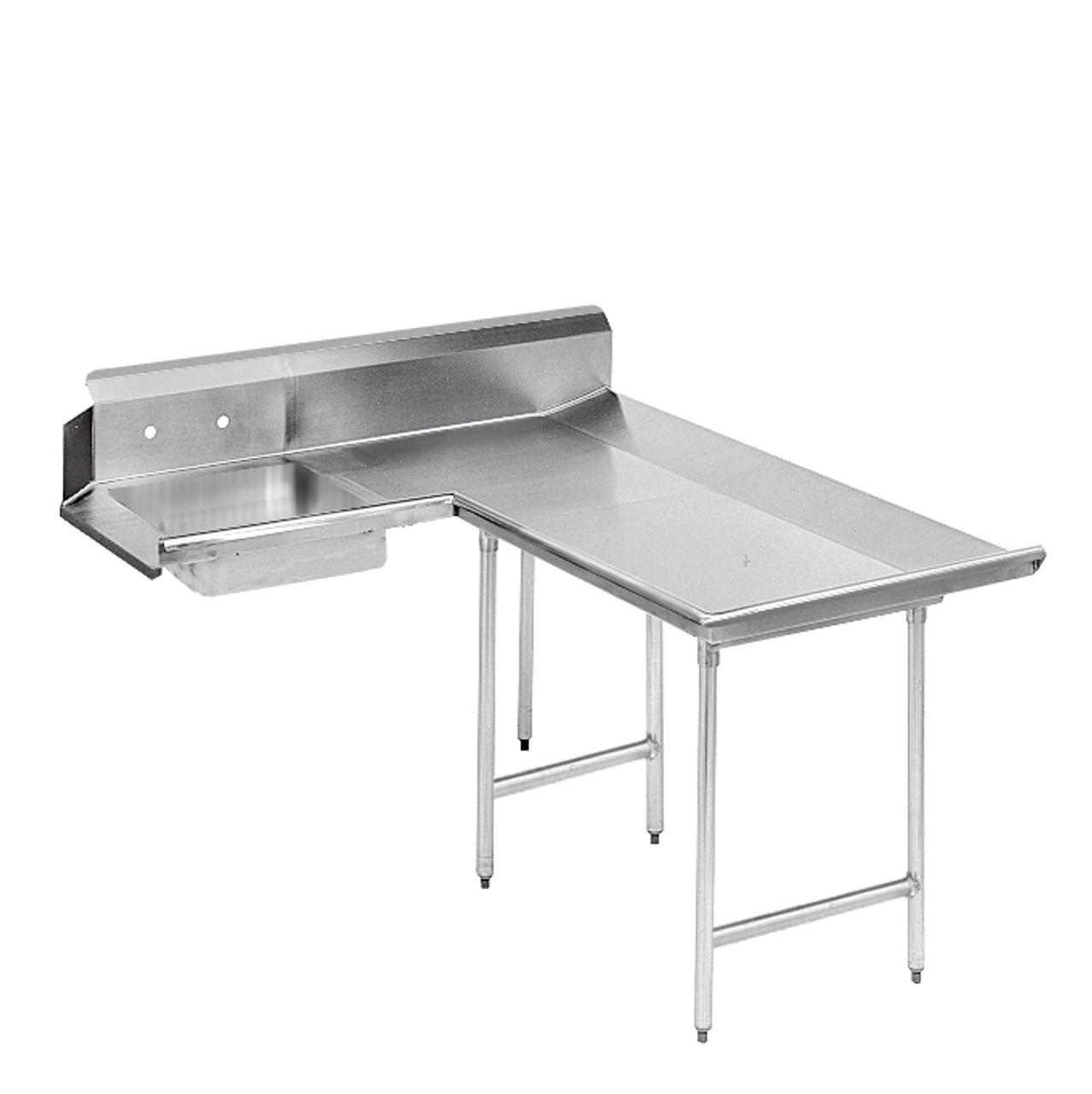 Dishlanding-Soil Dishtable, L-shaped with landing, right-to-left, 10-1/2"H backsplash, with pre-rinse sink, stainless steel legs with crossrails front to back, 59" long, 14/304 stainless steel, Includes prerinse basket with slide bar (slide bar only when K-461 or K-461A disposer adapter is specified)