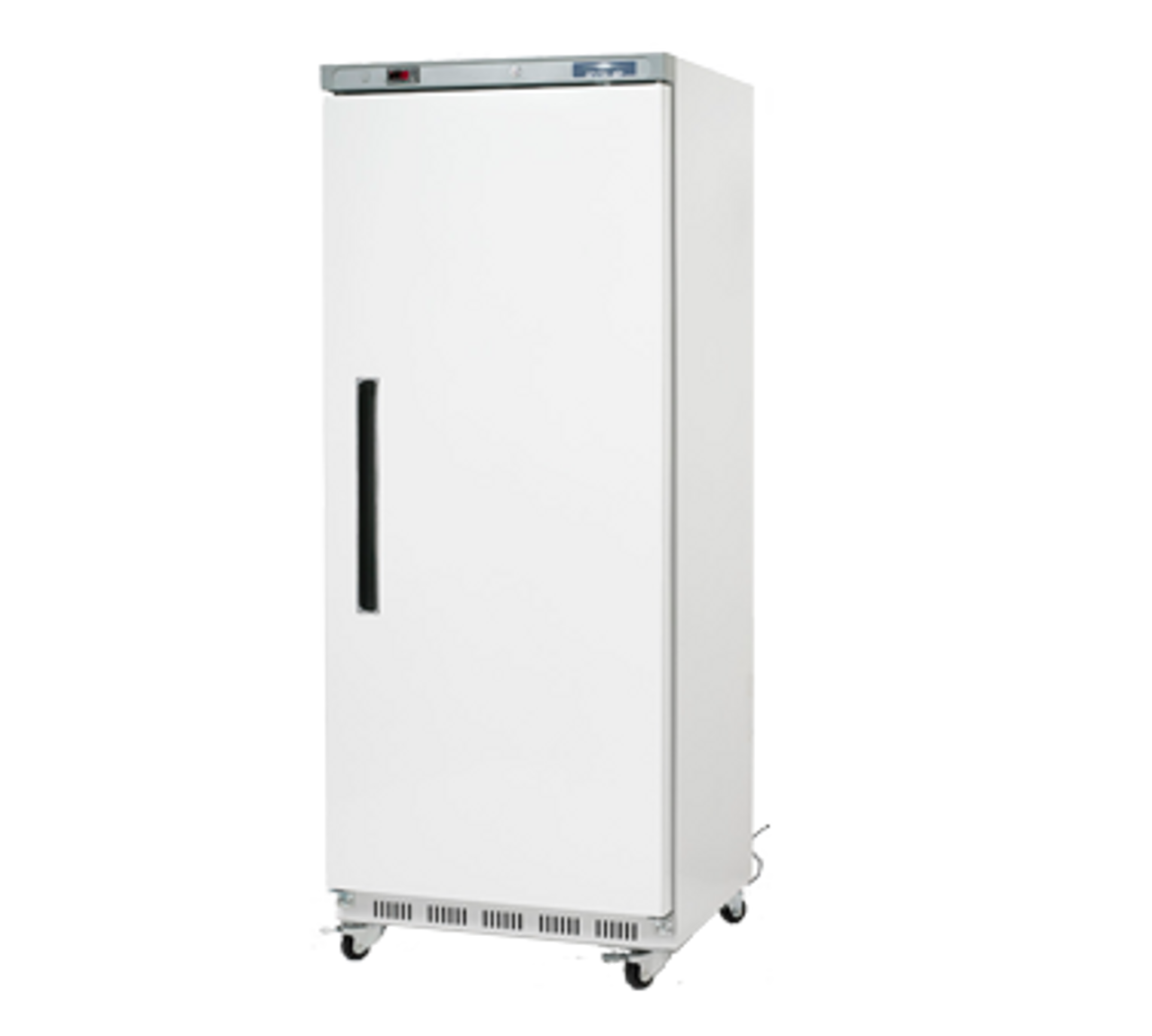 Refrigerator, reach-in, one-section, 31"W, 25.0 cu. ft. capacity, electronic thermostat with digital LED display, +33°F to +41°F temperature range, (1) solid hinged door with lock (field reversible), remain open door feature, removable magnetic gasket, (3) adjustable wire shelves, white epoxy coated front & sides, white ABS interior liner with stainless steel floor, (4) 4" casters (2 locking), bottom mounted self-contained refrigeration, R290 Hydrocarbon refrigerant, 1/4 HP, 115v/60/1-ph, 3.0 amps, cord, NEMA 5-15P, cETLus, ETL-Sanitation, ENERGY STAR®