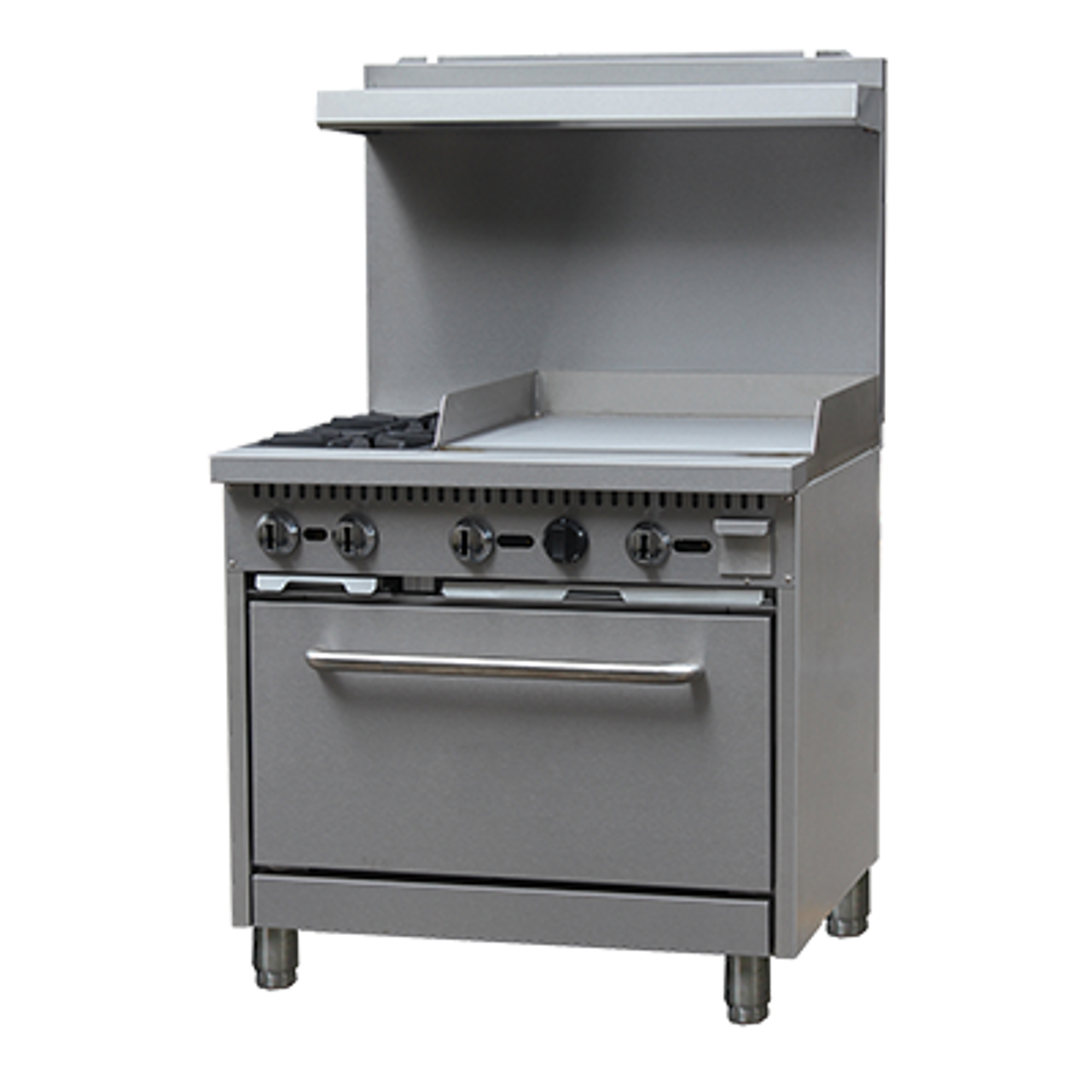 Black Diamond Range with Griddle, natural gas, 36", (2) 12" x 12" 30,000 BTU top burners, removable cast iron top grates, individual pilot lights & controls, (1) standard oven base, 150°F to 550°F temperature range, (2) adjustable racks, backriser with shelf, removable crumb tray, griddle 24"W x 21"D cook top, 3/4" thick griddle plate, stainless steel, 6" adjustable legs, 3/4" NPT, 130,000 BTU, cETLus, ETL-Sanitation