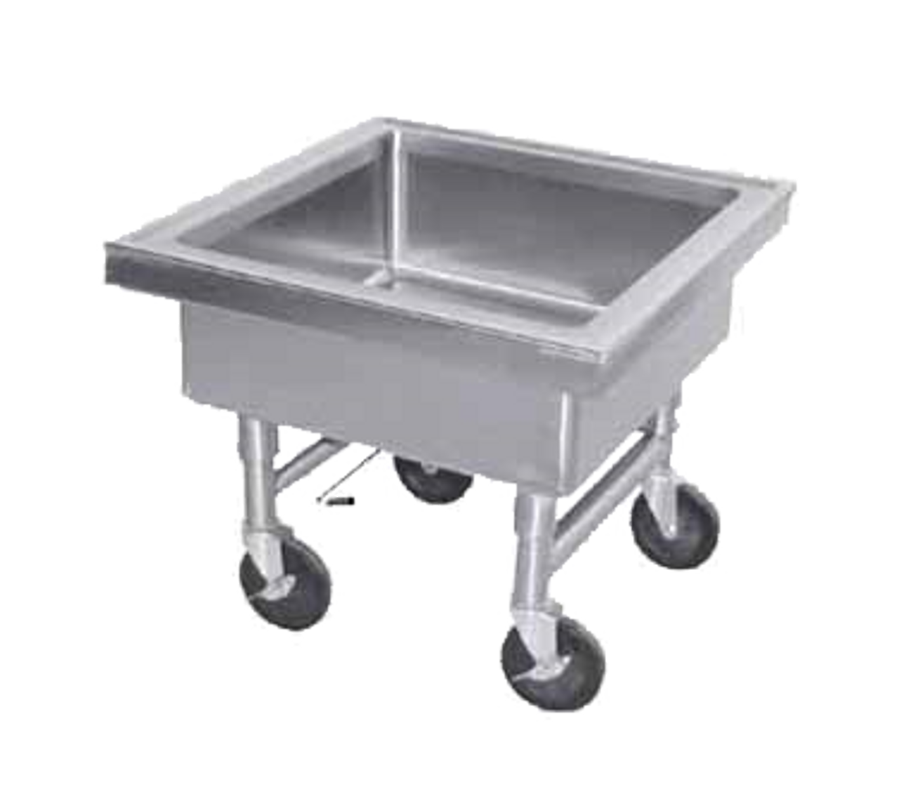 Soak Sink, portable, 20" working height, sink outlet fitted with quick-release drain, 22" x 22" x 8" deep fabricated sink compartment, stainless steel construction, casters, accommodates 19-3/4" x 19-3/4" dishwasher baskets (by others)