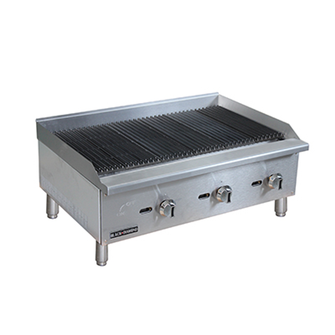 Black Diamond Charbroiler, countertop, 36"W x 26"D, radiant heat, (3) manual stainless steel burner controls, cast iron reversible & height adjustable grates, stainless steel drip tray, stainless steel front and sides, splash guards, adjustable legs, includes tips for field conversion to LPG, 90,000 BTU, 3/4" rear NPT, cETLus, ETL-Sanitation