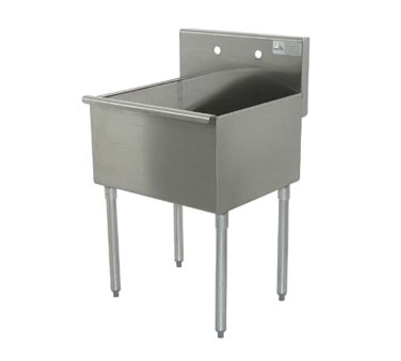 Square Corner Scullery Sink, 1-compartment, 18"W x 18"D front-to-back x 14" deep sink compartment, 8"H backsplash, 1-1/2 IPS waste drain basket included, 16 gauge 430 stainless steel, galvanized legs with plastic bullet feet, 21-1/2" F/B x 18" L/R (overall)