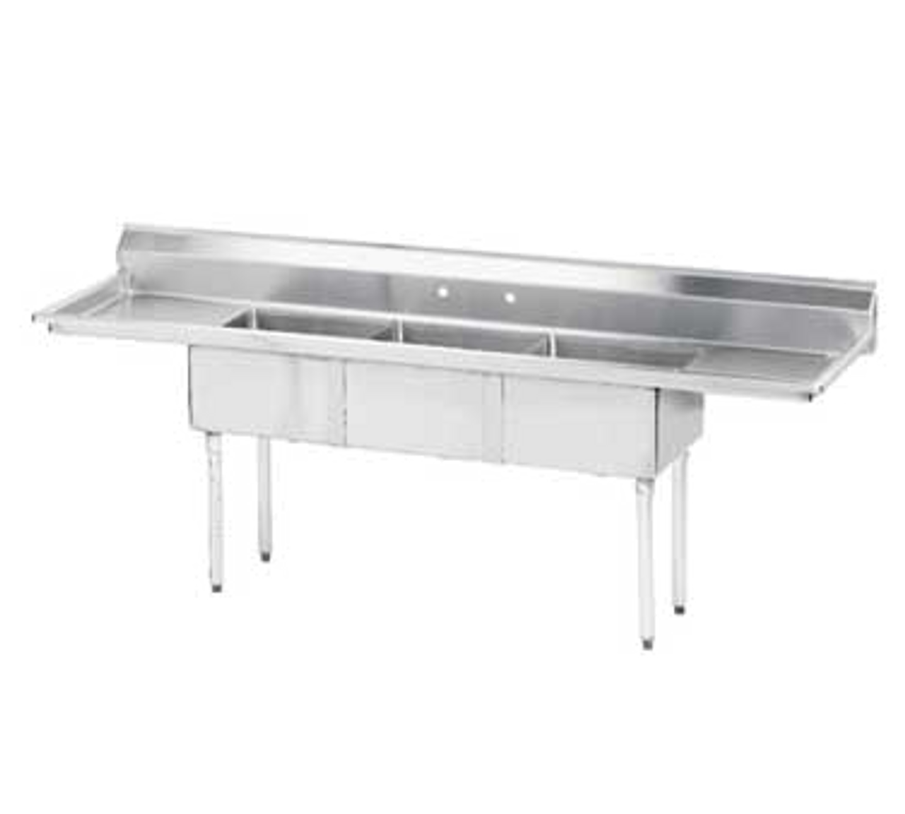 Special Value Fabricated Sink, 3-compartment, 18" right & left drainboards, bowl size 16" x 20" x 12" deep, 18 gauge 304 stainless steel, tile edge splash, rolled edge, 8" OC faucet holes, galvanized legs with 1" adjustable plastic bullet feet, overall 25-3/4" F/B x 84" L/R, NSF
