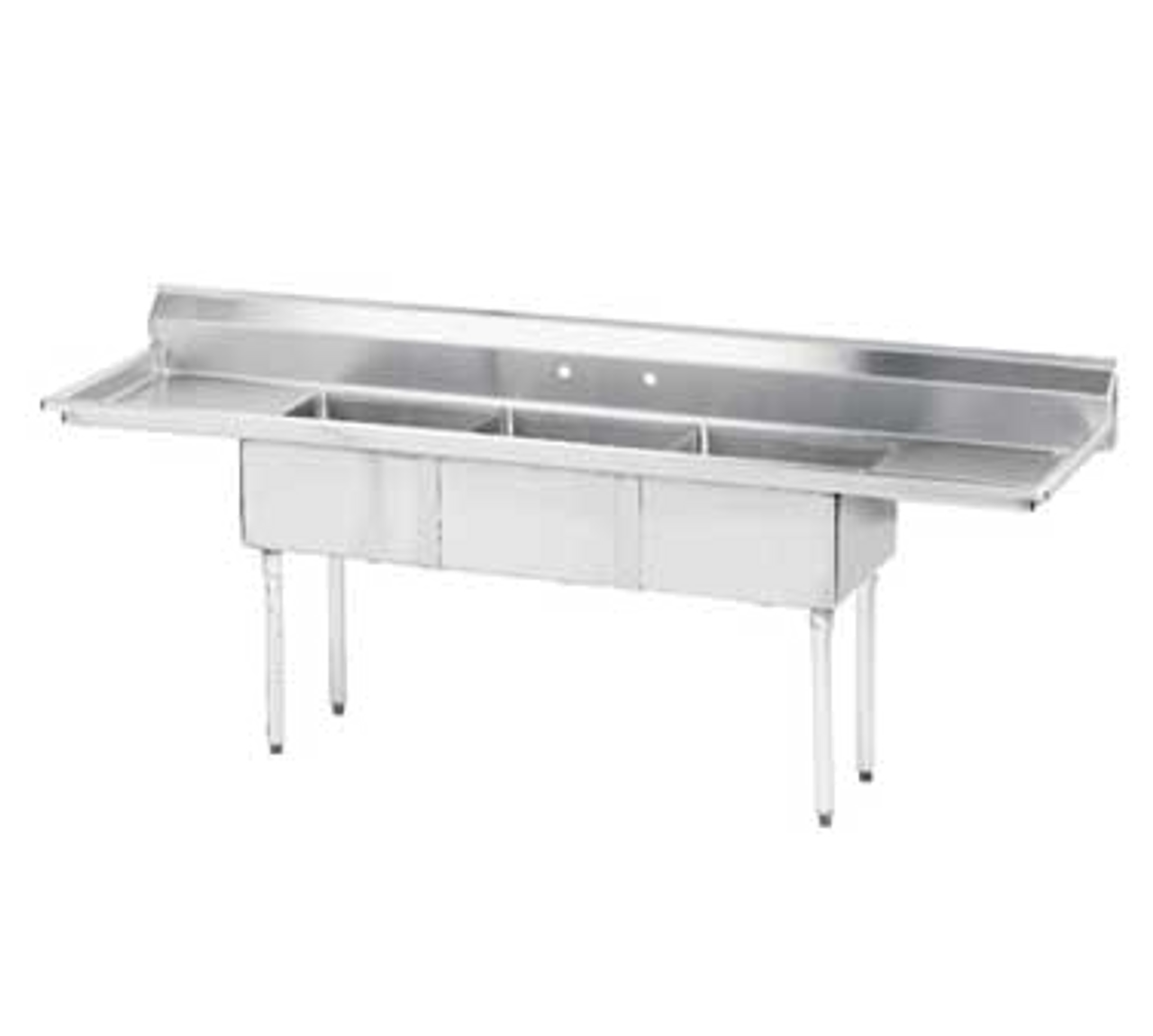 Special Value Fabricated Sink, 3-compartment, 24" right & left drainboards, bowl size 18" x 24" x 14" deep, 18 gauge 304 stainless steel, tile edge splash, rolled edge, 8" OC faucet holes, galvanized legs with 1" adjustable plastic bullet feet, overall 29-3/4" F/B x 102" L/R, NSF