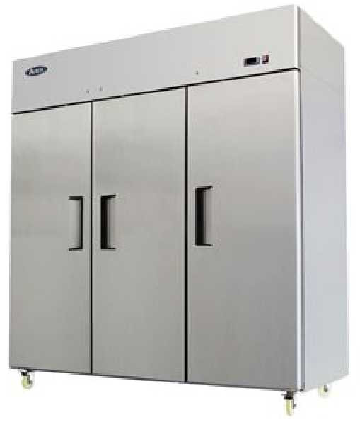Atosa Refrigerator, reach-in, three-section, 77-4/5"W x 31-7/10"D x 81-3/10"H, top mount self-contained refrigeration, 64.9 cu. ft. (3) locking hinged solid doors, digital temperature control, 33° to 40°F temperature range, (9) adjustable shelves, interior LED lighting, automatic evaporation, air defrost, stainless steel interior & exterior, galvanized steel back, 4" casters, R290 Hydrocarbon refrigerant, 1/4 HP, 115v/60/1-ph, 4.2 amps, cord with NEMA 5-15P, cETLus, ETL-Sanitation, ENERGY STAR®