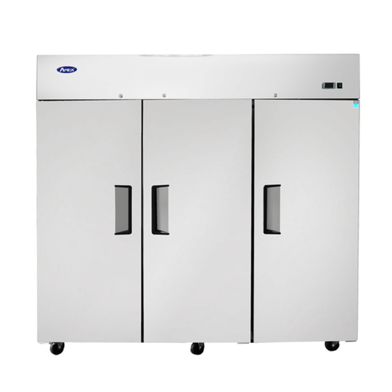 Atosa Freezer, reach-in, three-section, 77-4/5"W x 33-3/10"D x 83"H, top mount self-contained refrigeration, 64.9 cu ft., (3) locking hinged solid doors, digital temperature control, -8° to 0°F temperature range, (9) adjustable shelves, interior LED lighting, automatic evaporation, electric defrost, stainless steel interior & exterior, galvanized steel back, 4" casters, R290 Hydrocarbon refrigerant, 1-1/4 HP, 115/208-230v/60/1-ph, 5.5 amps, cord with NEMA L14-20P, cETLus, ETL-Sanitation