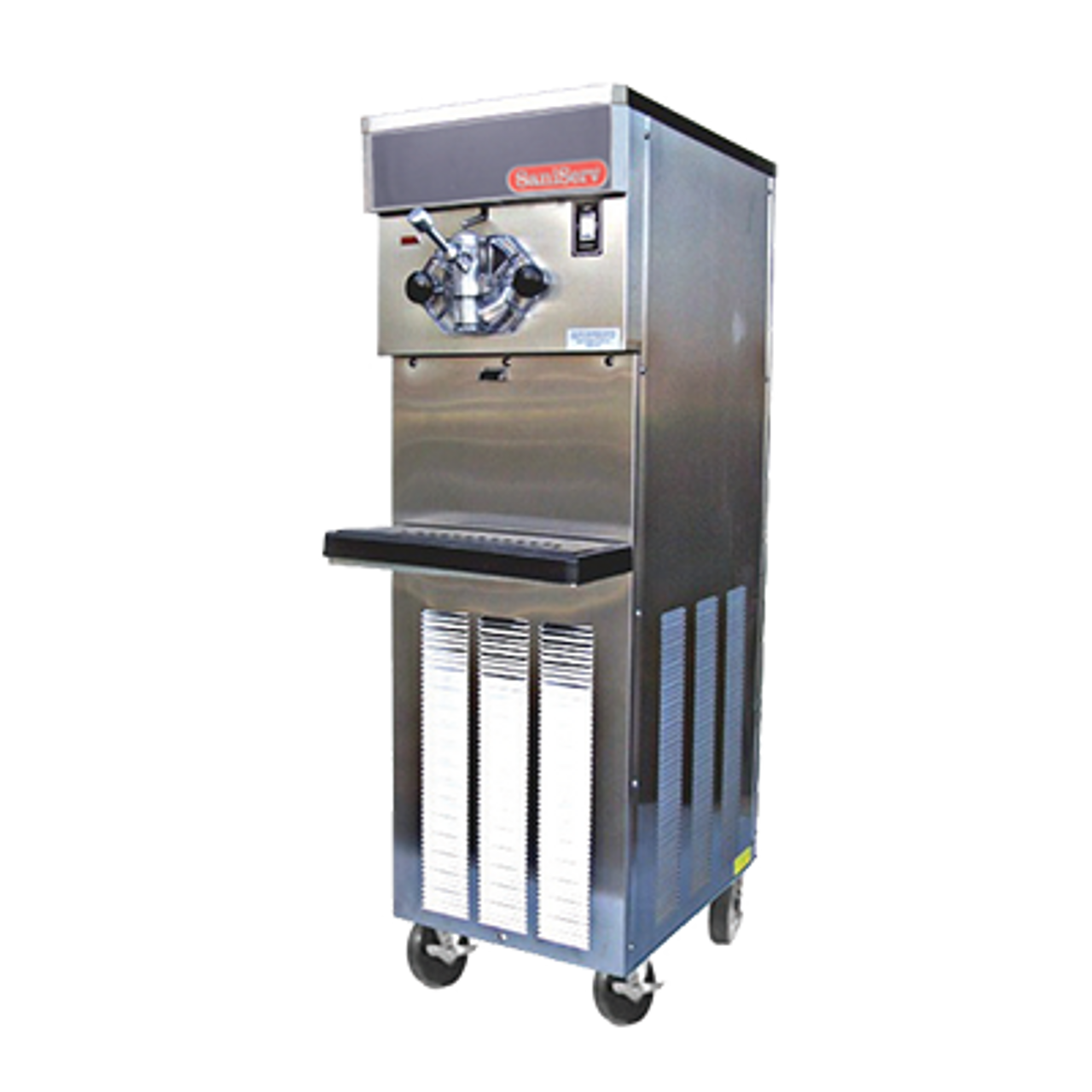 Soft Serve/Yogurt Freezer, floor model, air or water cooled, self-contained refrigeration, 1 head, 20 qt. mix capacity, welded steel frame, stainless steel exterior, electronic consistency control, automatic audible/visual mix out system, 1 HP dasher, 2 HP compressor, casters included, UL, cUL, NSF