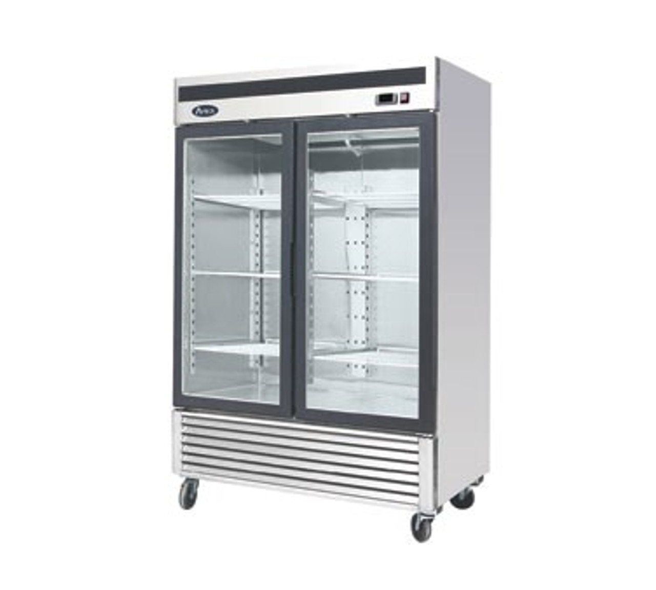 Freezer Merchandiser, two-section, 54-2/5"W x 31-7/10"D x 83-1/10"H, bottom-mount self-contained refrigeration, 44.8 cu. ft., (2) self-closing hinged glass doors with locks, digital temperature control, -8° to 0°F temperature range, (8) adjustable shelves, LED interior lighting, automatic evaporation, electric defrost, stainless steel interior & exterior, galvanized steel back, 4" casters, R290 Hydrocarbon refrigerant, 3/4 HP, 115v/60/1-ph, 8.6 amps, cord, NEMA 5-15P, cETLus, ETL-Sanitation, ENERGY STAR®