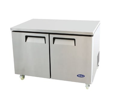 Atosa Undercounter Freezer, reach-in, two-section, 48-1/4"W x 30"D x 34-1/8"H, rear-mounted self-contained refrigeration, 13.38 cu. ft., (2) hinged solid doors, digital temperature control, -8° to 0°F temperature range, (2) adjustable shelves, automatic evaporation, electric  defrost, stainless steel interior & exterior, galvanized steel back, 2-1/2" casters, R290  Hydrocarbon refrigerant, 1/4 HP, 115v/60/1-ph, 2.6 amps, cord, NEMA 5-15P, cETLus, ETL-Sanitation