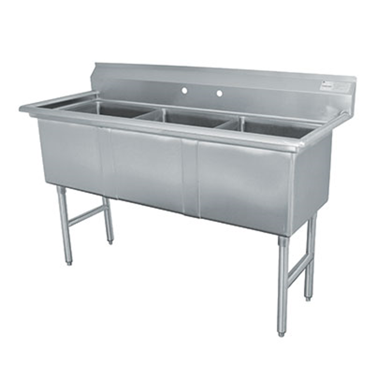 Fabricated Sink, 3-compartment, no drainboard, bowl size 18" x 18" x 14" deep, 16 gauge 304 stainless steel, tile edge splash, rolled edge, 8" OC faucet holes, stainless steel legs with adjustable side cross-bracing, 1" adjustable stainless steel bullet feet, overall 24" F/B x 59" L/R, NSF