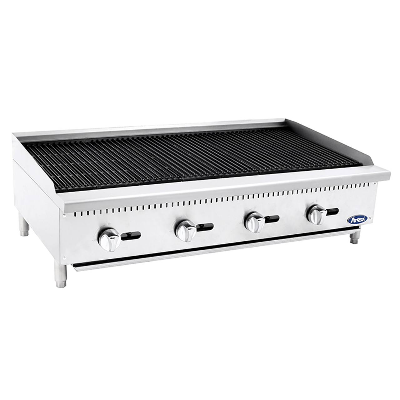 CookRite Charbroiler, Natural gas, countertop, 48"W x 27-3/5"D x 15-1/5"H (47.9"W 20.2"D cooking area), (4) stainless steel burners, standby pilots, stainless steel radiant plates, cast iron grill grates & lava rock grates, independent manual controls, adjustable multi-level top grates, stainless steel structure, adjustable stainless steel legs, 140,000 BTU, cETLus, ETL-Sanitation (ships with LP conversion kit)