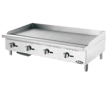 CookRite Heavy Duty Griddle, gas, countertop, 48"W x 28-3/5"D x 15-1/5"H, (47-9/10"W x 19-9/10"D cooking area), (4) stainless steel burners, standby pilots, independent manual controls, stainless steel structure, adjustable stainless steel legs, 120,00 total BTU's, cETLus, ETL-Sanitation