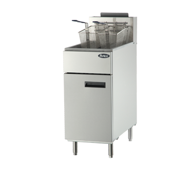 CookRite Fryer, gas, floor model, 15-3/5"W x 30-1/10"D x 44-2/5"H, 50 lb. capacity, (4) burners, standby pilots, 200°F- 400°F temperature range, self-reset high temperature limiting device,, safety valve, (2) nickel plated baskets with coated handles, wire mesh crumb screen, basket hanger, oil cooling zone seated in the bottom of the tank, stainless steel structure, (4) casters, cETLus, ETL-Sanitation