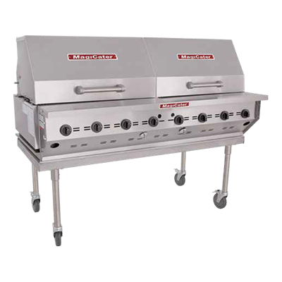 Magicater AGA Approved Transportable Gas Grill, liquid propane, 60", (8) burners, stainless steel radiants, (2) nickel-chrome plated top grates, 8" work deck, spark ignitor, individual control valves, (2) 30" roll-top hoods, (2) 40 pound tank in removable tank cart, pressure regulator, stainless steel construction, stainless steel legs with 6"casters (2 with locks), 160,000 BTU, CSA Flame, CSA Star, NSF