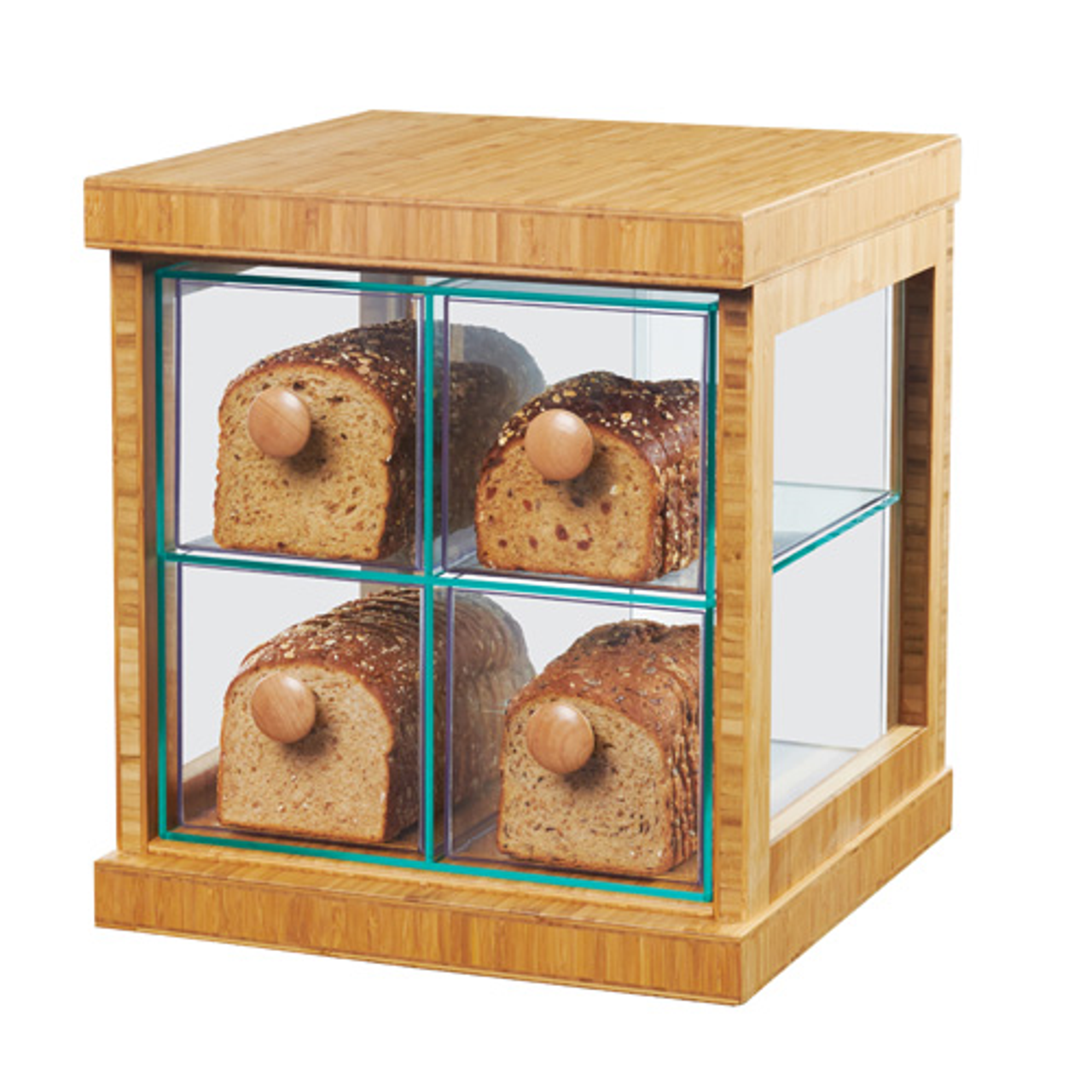 Bread Case, 16-1/2"W x 15"D x 15"H, 2-tier, self serve, (4) drawers with handles, clear acrylic, bamboo frame, BPA Free