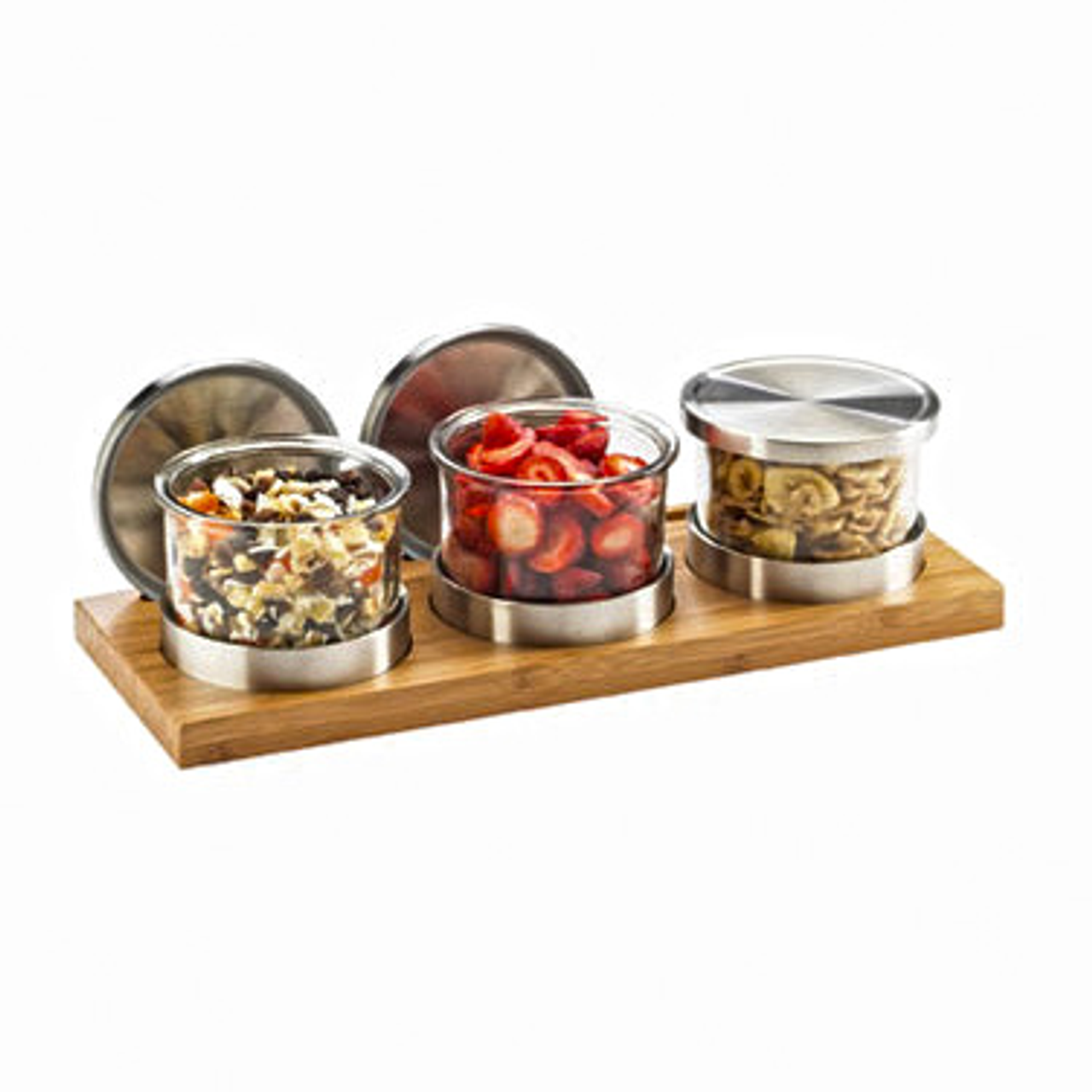 Cold Condiment Display, 16"W x 6"D x 4"H, (3) 16 oz. round glass jars with silicone lined stainless steel solid lids, cooling pucks, rectangular bamboo base