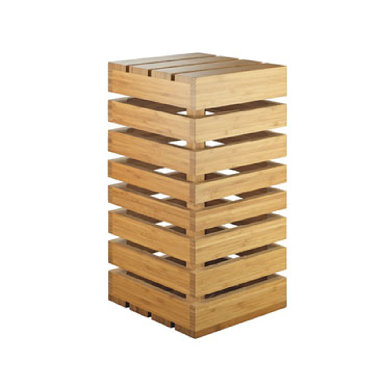 Display Crate Tower, 9"W x 9"D x 18"H, square, slotted sides for shelving, open base, solid top, can be flipped and used a crate basket, bamboo