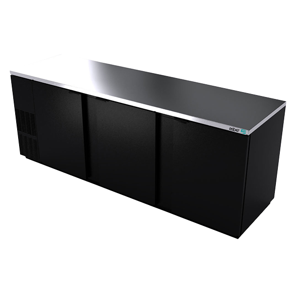 Back Bar Cooler, 95-1/2", three-section, (3) solid doors, (1,302) 12 oz can capacity, (6) adjustable coated wire shelves, analog thermostat, fluorescent interior light, CFC polyurethane insulation, temperature from 33° to 38°, environmentally friendly R134A refrigerant, front breathing/side mount compressor, self-contained refrigeration, magnetic door gasket, stainless steel top, black vinyl exterior, galvanized interior with stainless steel floor, 1/3 HP, cETLus, ETL-Sanitation, Made in North America