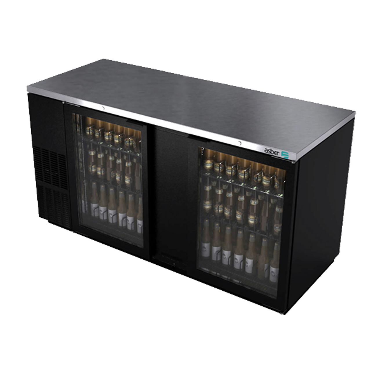 Back Bar Cooler, 69-1/2", two-section, (2) glass doors, (1,014) 12 oz can capacity, (4) adjustable coated wire shelves, analog thermostat, fluorescent interior light, CFC polyurethane insulation, temperature from 33° to 38°, environmentally friendly R134A refrigerant, front breathing/side mount compressor, self-contained refrigeration, magnetic door gasket, stainless steel top, black vinyl exterior, galvanized interior with stainless steel floor, 1/3 HP, cETLus, ETL-Sanitation, Made in North America