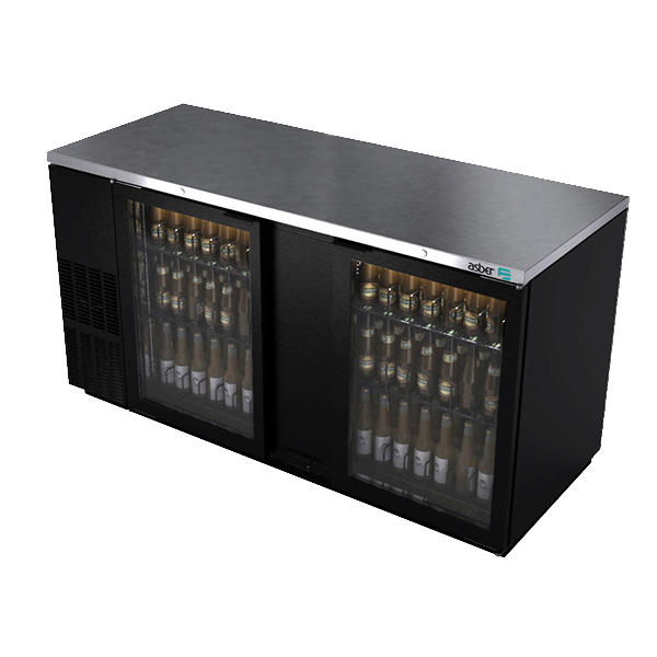 Back Bar Cooler, 69-1/2", two-section, (2) glass doors, (1,014) 12 oz can capacity, (4) adjustable coated wire shelves, analog thermostat, fluorescent interior light, CFC polyurethane insulation, temperature from 33° to 38°, environmentally friendly R134A refrigerant, front breathing/side mount compressor, self-contained refrigeration, magnetic door gasket, stainless steel top, black vinyl exterior, galvanized interior with stainless steel floor, 1/3 HP, cETLus, ETL-Sanitation, Made in North America
