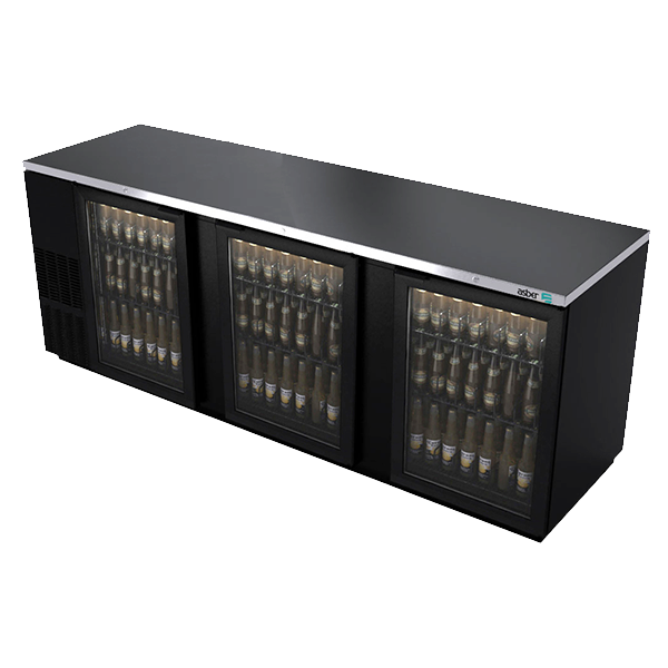 Back Bar Cooler, 95-1/2", three-section, (3) glass doors, (1,302) 12 oz can capacity, (6) adjustable coated wire shelves, analog thermostat, fluorescent interior light, CFC polyurethane insulation, temperature from 33° to 38°, environmentally friendly R134A refrigerant, front breathing/side mount compressor, self-contained refrigeration, magnetic door gasket, stainless steel top, black vinyl exterior, galvanized interior with stainless steel floor, 1/3 HP, cETLus, ETL-Sanitation, Made in North America