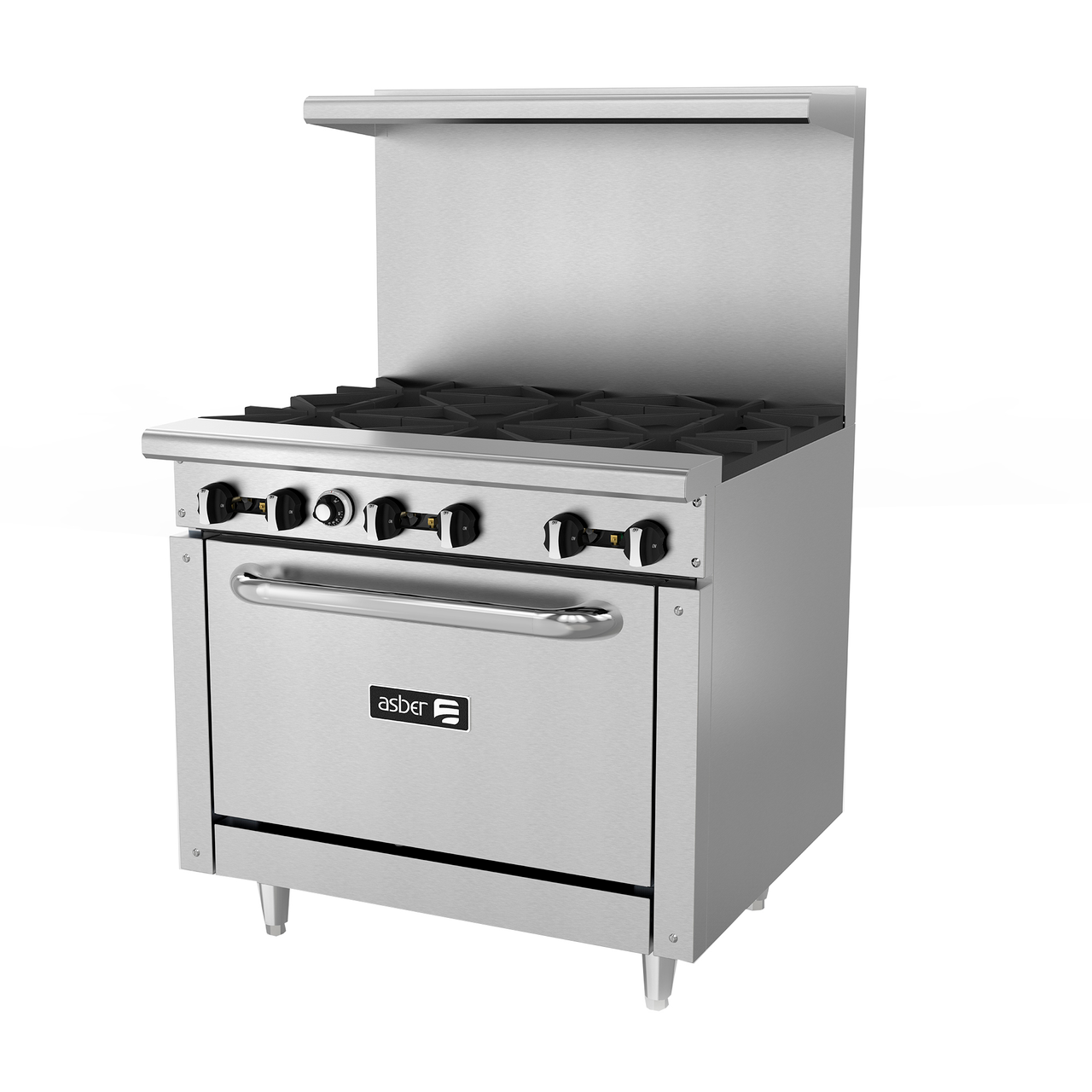 Restaurant Range, gas, 36"W, (6) 30,000 BTU open burners, removable cast iron grates, manual controls, full width grease trough, standard oven, stainless steel high shelf with reinforced backguard riser, pressure regulator, stainless steel front, sides, backguard & landing ledge, 6" adjustable steel feet, 210,000 BTU, cETLus, Made in North America