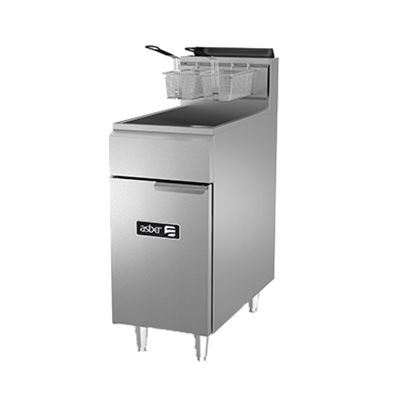 Fryer, gas, floor model, 50 lb. capacity, (3) 35,000 BTU burners, millivolt controls, left hinged cabinet door, safety shut-off, 1-1/4" drain valve, pressure regulator, includes chrome mesh crumb screen & twin baskets, stainless steel fry pot, front, door & sides, 6" adjustable chrome legs, 105,000 BTU, cETLus, Made in North America