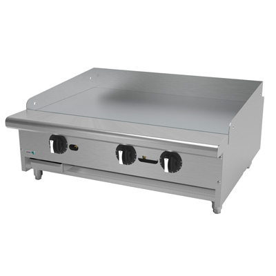 Griddle, natural gas, countertop, 36"W x 32-1/3"D x 16-1/2"H, (3) 24,000 BTU burner, 3/4" thick polished steel griddle plate, thermostatic controls, 4"D grease trough, 14 gauge stainless steel splash guard, pressure regulator, stainless steel front, sides & ledge, adjustable feet, 72,000 BTU, cETLus, (ships with LP conversion kit) Made in North America