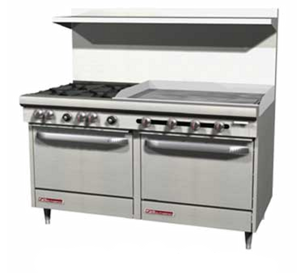 S-Series Restaurant Range, gas, 60", (6) 28,000 BTU open burners, (1) 24" griddle right, manual controls, (2) standard ovens, snap action thermostat, removable cast iron grates, (2) crumb drawers & shelf, hinged lower valve panel, includes (1) rack per oven, stainless steel front, sides, shelf, 4" front rail & 6" adjustable legs, 286,000 BTU, cCSAus, CSA Flame, CSA Star, NSF S60DD-3GR PICTURED.
