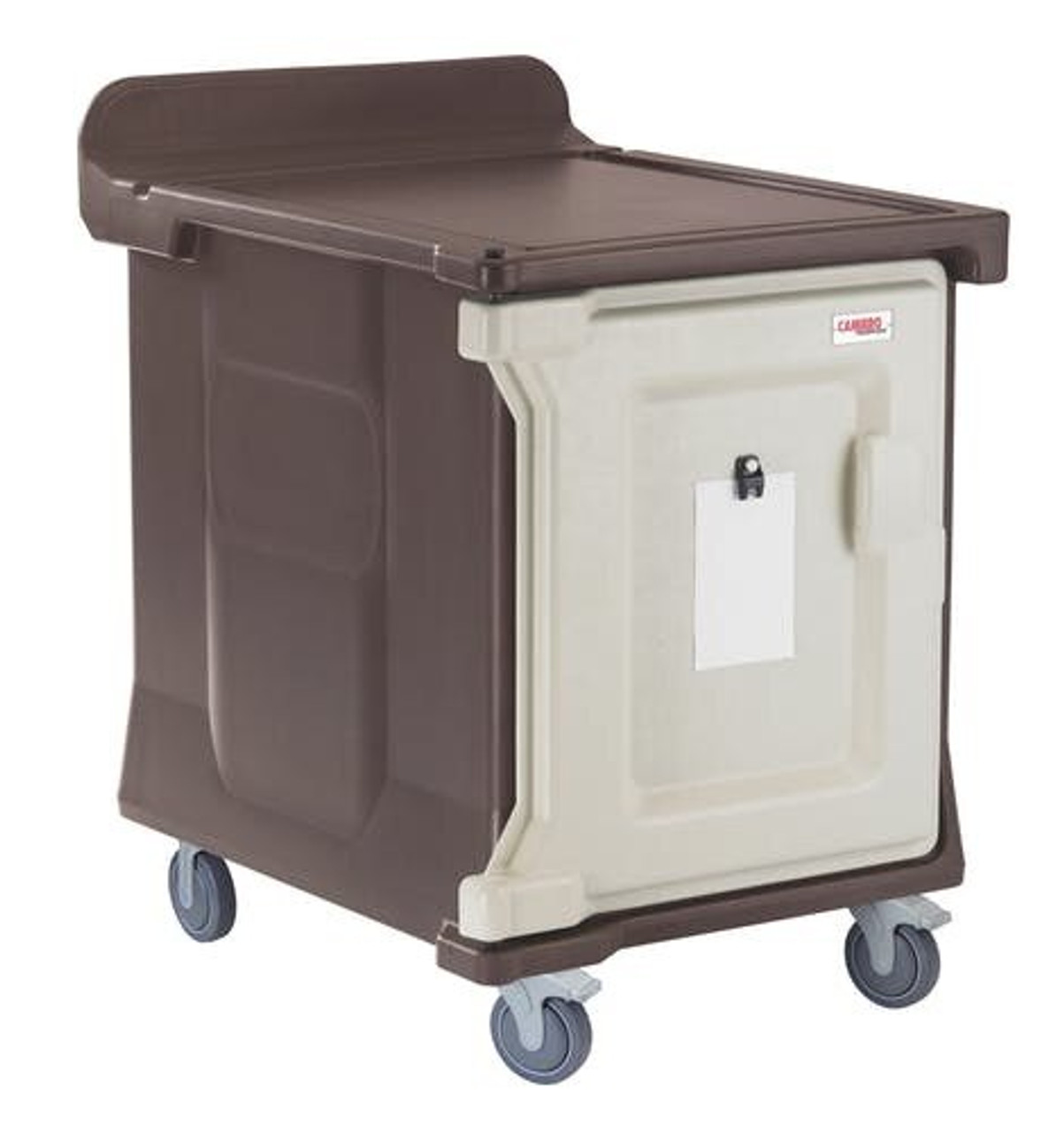 Meal Delivery Cart, low profile, (1) door, 1-compartment, holds (10) 15" x 20" trays, 29-1/2" x 38-1/2"D x 42-1/2"H, molded-in handle on the back, with louvered vent, 6" heavy duty casters (2 fixed, 2 swivel with brake, offset), granite sand with cream color door, NSF