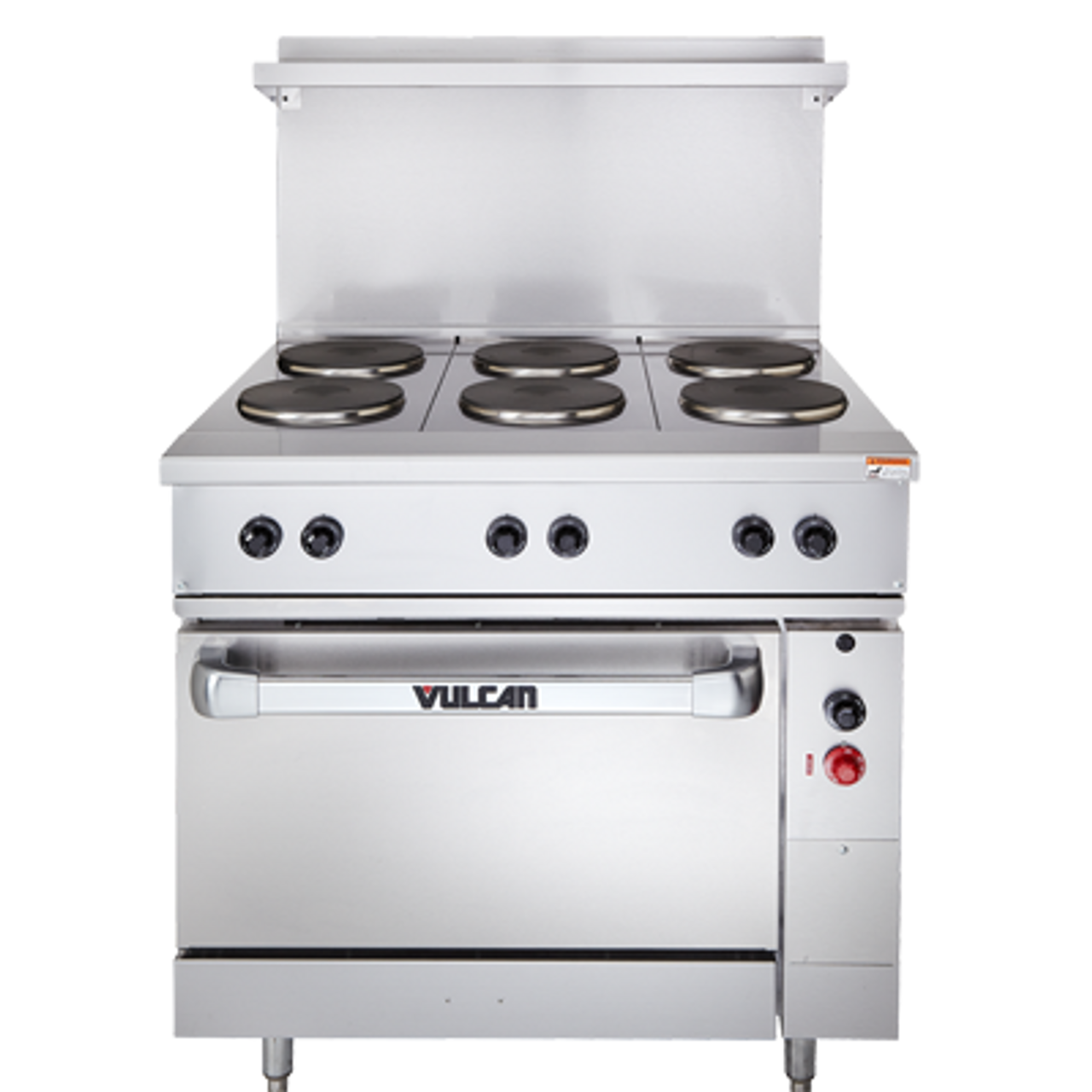 Restaurant Range, electric, 36", (6) 2.0 kW French hotplates, infinite controls, standard oversized oven, includes (1) rack, stainless steel front, sides, single-deck high shelf & 6" legs, 208v