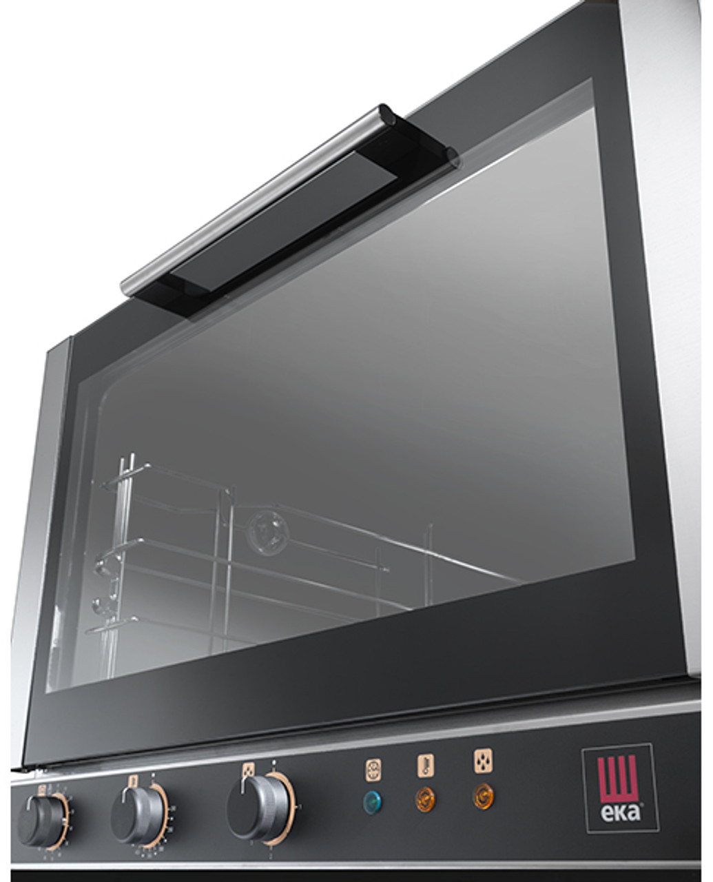 Eka Evolution 4-tray full-size (18x26) electric convection oven with humidity with electro-mechanical controls. Top-opening (bottom-hinged) door. Operates on 208v single-phase power. Chse single or three-phase option. Includes four 18" x 26" grids, electrical cord, components necessary to connect to water supply, and standard drain components.