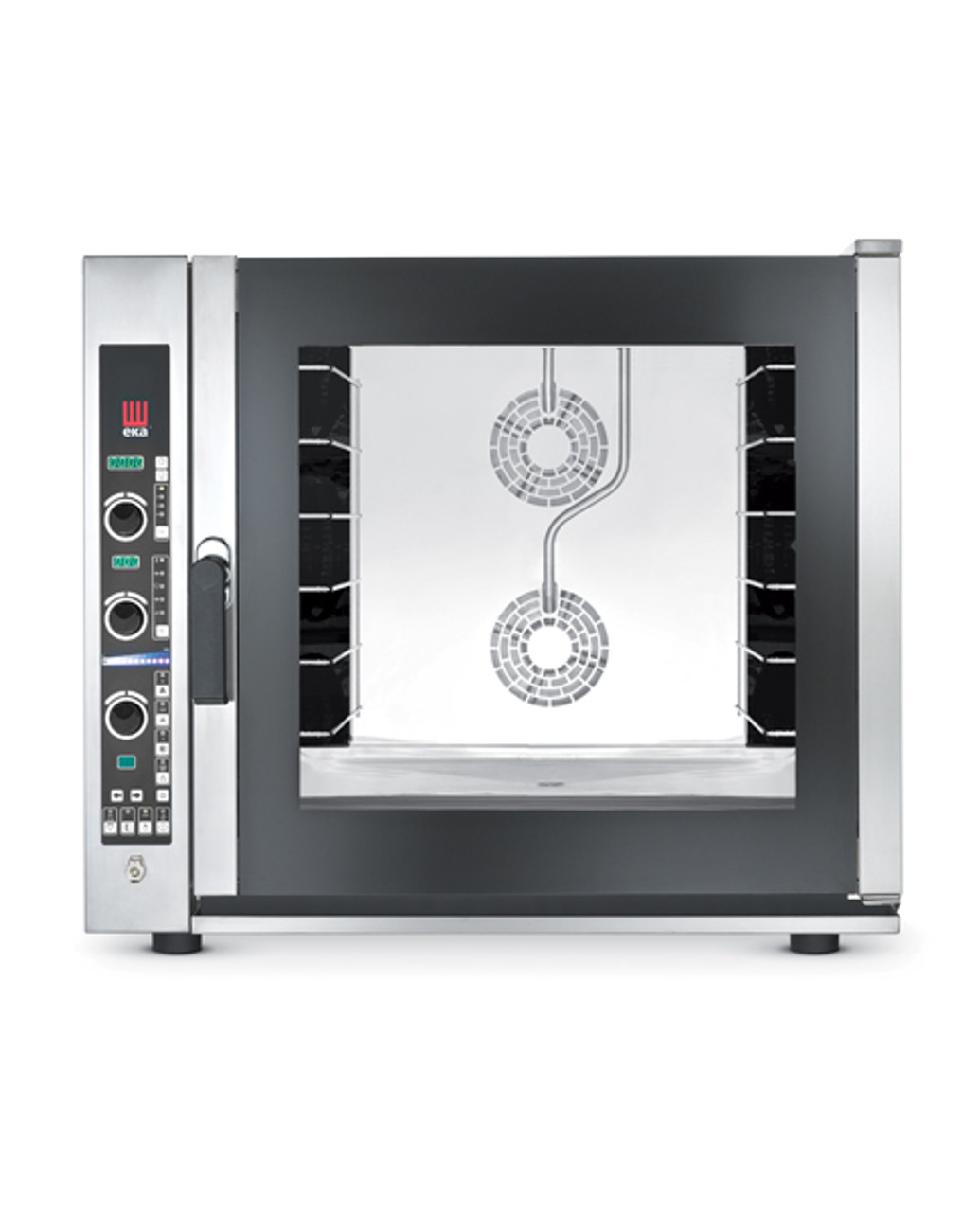 Eka Evolution 6-tray full-size (18" x 26") electric combi-oven with electronic controls.  Holds 6 full-size pans or up to 12 half-size trays. 6 full-size grids, electrical cord, components necessary to connect to water supply, and standard drain components included.