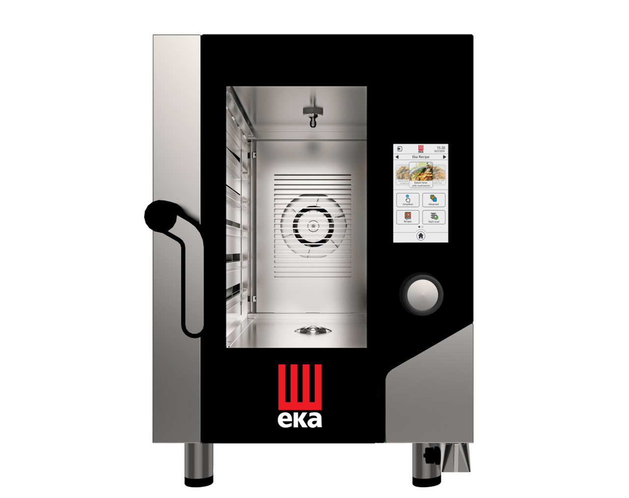 Eka Millennial 6-tray GN1/1 (12x20) Millennial COMPACT electric combi-oven with touch screen controls. Left-opening (right-hinged) door. Only 19 1/2 inches wide. Operates on 208v, choose single-phase or three-phase option. Includes six 12" x 20" stainless-steel grids, multi-point core probe, electrical cord, components necessary to connect to water supply, and standard drain components.