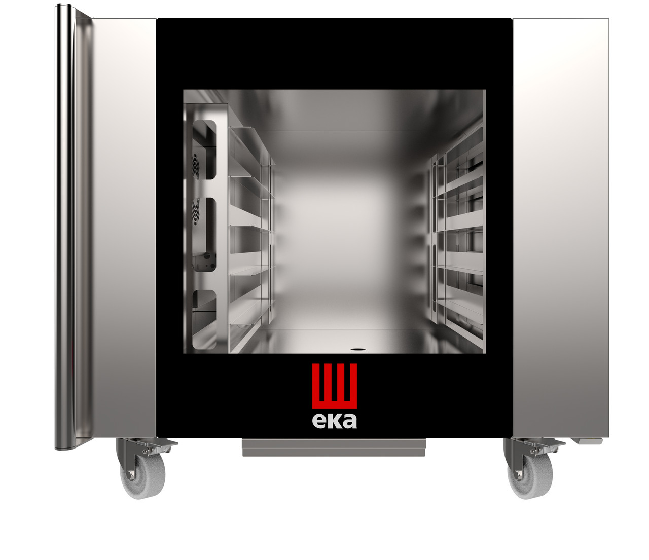 Eka Millennial 6-tray full-size (18x26) Millennial electric combi-oven with touch screen controls. Left-opening (right-hinged) door.  Holds up to 12 hotel pans side-by-side. Includes six 18" x 26" stainless-steel grids, multi-point core probe, electrical cord, components necessary to connect to water supply, and standard drain components.