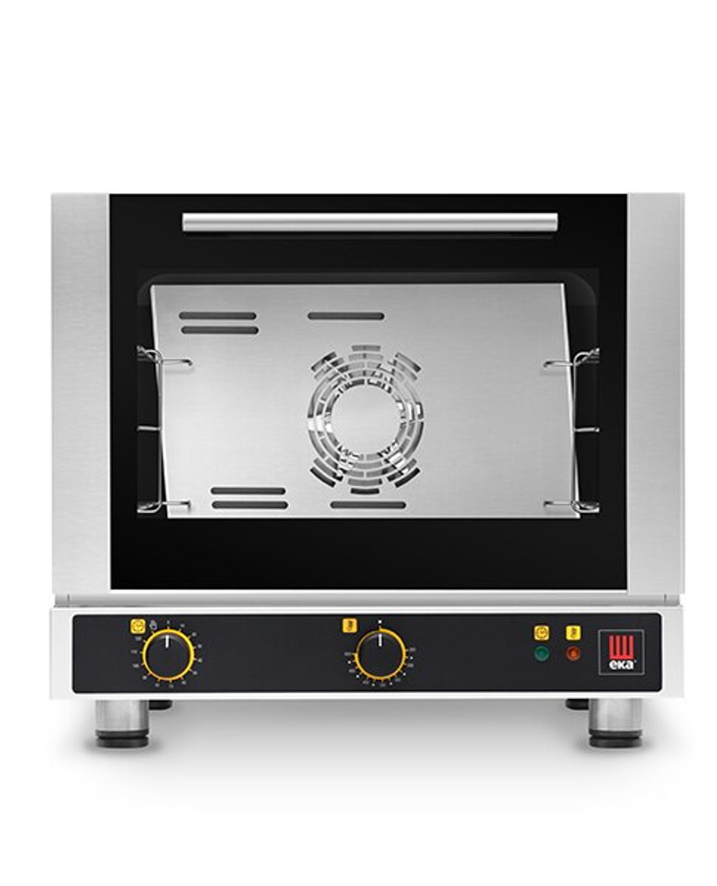 Eka 3-tray, half-size (13x18) convection oven with electro-mechanical control.  Stainless steel construction.  Top-opening (bottom-hinged) door.  Operates on 208v (120v is available at EKFA312-S1).  Three 13" x 18" grids included.