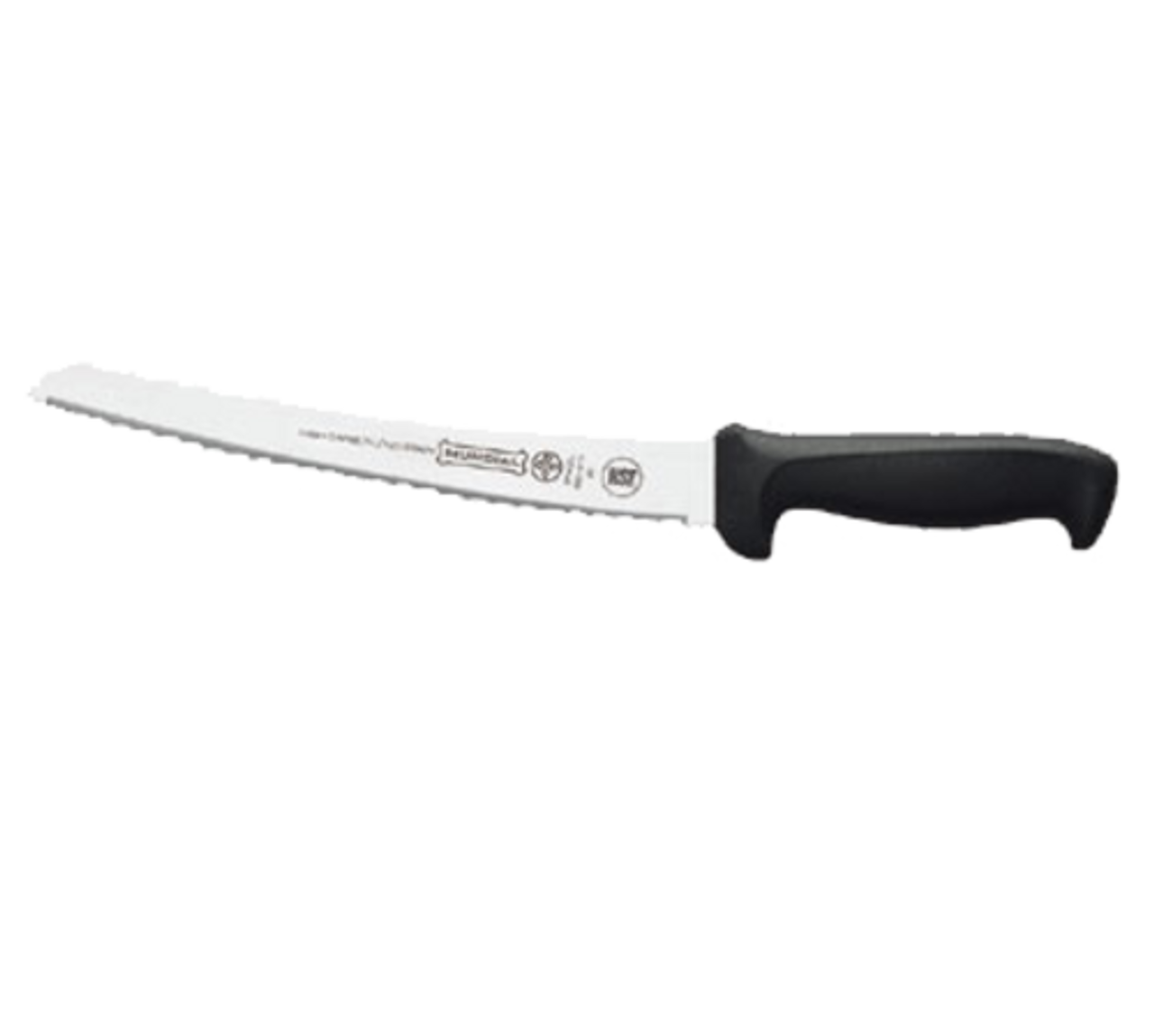 Bread Knife, 10", curved, micro-serra edge, high carbon/no stain blade, molded black polypropylene handle, treated with sanitized antimicrobial protection (snap), NSF