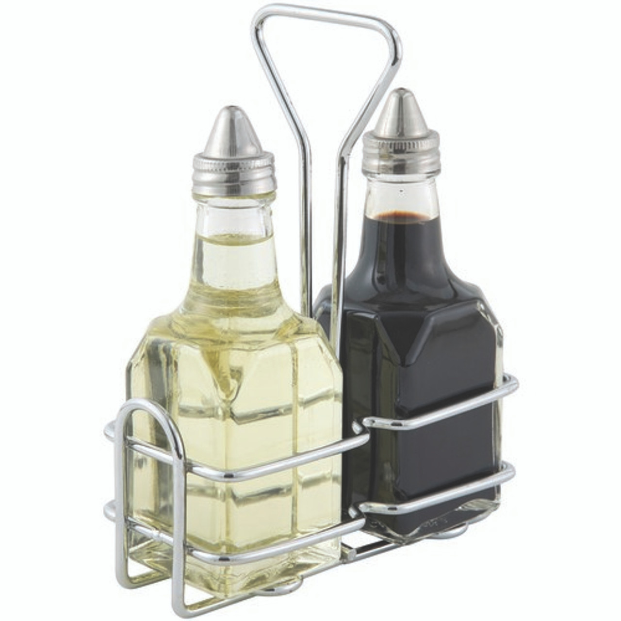 Oil & Vinegar Set, includes: (2) 6 oz. square glass cruets with lids (G-104), (1) square chrome plated wire holder