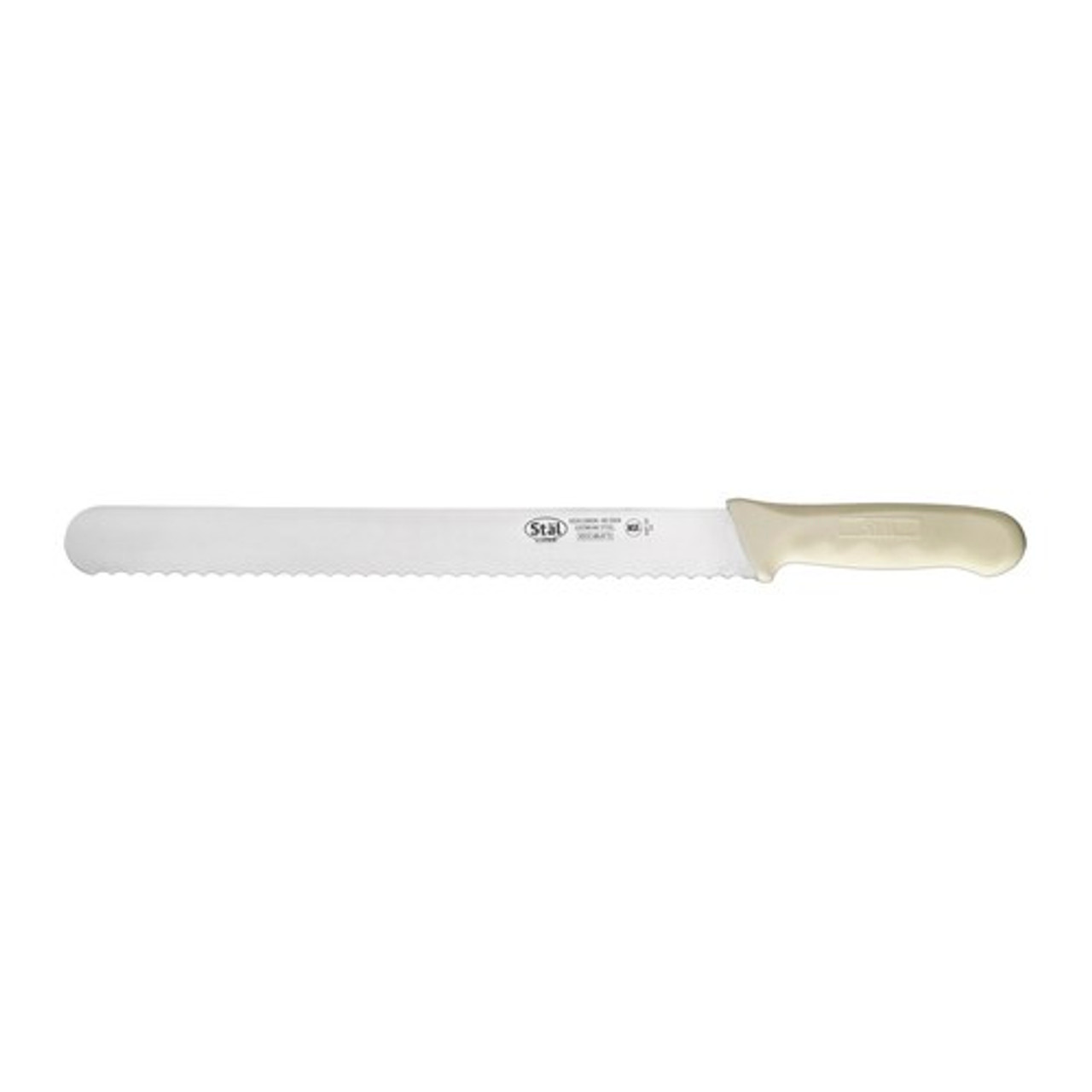 Slicer Knife, 12" blade, wavy edge, stamped, high carbon, no-stain German steel, polypropylene handle, Stal, white, NSF (Qty Break = 6 each)